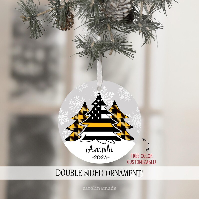 Police Thin Blue Line Christmas Tree Ornament, Personalized Police Christmas Ornament, Law