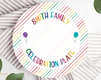 Celebration Plate, Personalized Family Birthday Cake Plate, Rainbow Stripes Plate, Milestone Birthday Keepsake Plate, New Family Gift Ideas