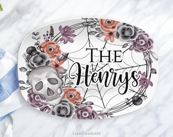 Floral Spider Web Halloween Platter, Personalized Family Halloween Serving Plate, Spooky Halloween Party Platter, Custom Halloween Tray