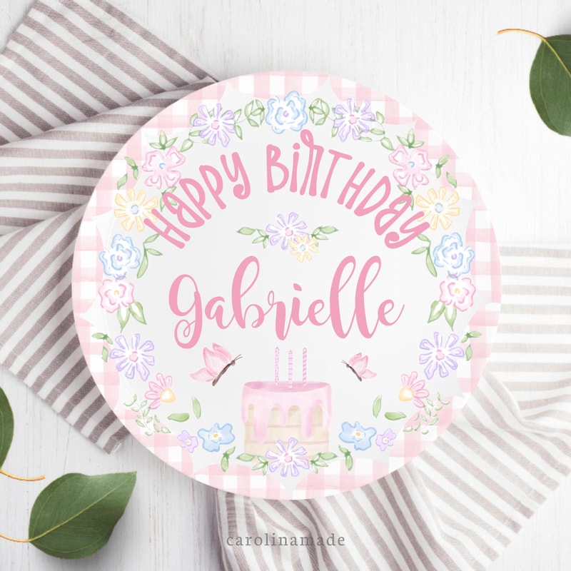 🍰Free Personalization🍰Girls Pink Floral Gingham Cake Plate, Personalized Plate for Girls, Custom Birthday Cake Plate, Girls First Birthday Keepsake Pink Bow Plate