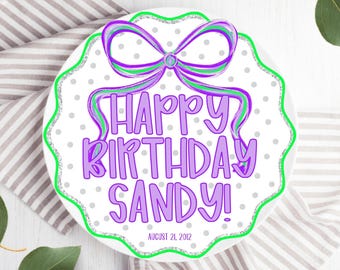 Purple & Green Preppy Bow Birthday Plate, Personalized Name Plate for Girls, Custom Tween Birthday Cake Plate, Teen Girls Birthday Keepsake