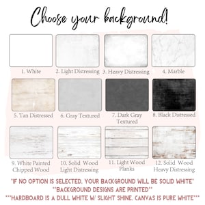 May include: A chart displaying 12 different background options for a product. The options include white, light distressing, heavy distressing, marble, tan distressed, grey textured, dark grey textured, black distressed, white painted chipped wood, solid wood light distressing, light wood planks, and solid wood heavy distressing. The text at the bottom of the chart says "If no option is selected, your background will be solid white. Background designs are printed. Hardboard is a dull white w/ slight shine. Canvas is pure white."