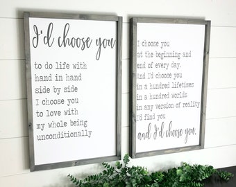 I'd Choose you Sign Set, Wedding Gift, Marriage Quote, Master Bedroom Decor Above Bed, Wood Framed Canvas,  Anniversary