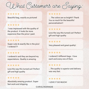 May include: A collage of customer reviews for a handmade product. The reviews are all positive and highlight the quality, craftsmanship, and customer service of the product. The reviews include phrases like "beautiful bag", "super cute", "amazing quality", and "love it so much!"
