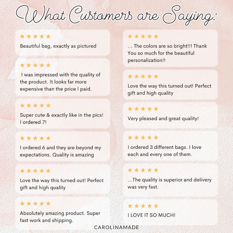 May include: A collage of customer reviews for a handmade product. The reviews are all positive and highlight the quality, craftsmanship, and customer service of the product. The reviews include phrases like "beautiful bag", "super cute", "amazing quality", and "love it so much!"