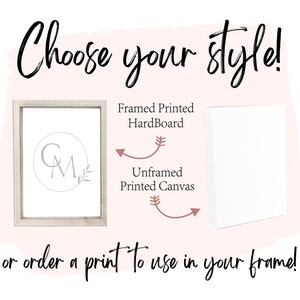 May include: Choose your style! Framed printed hardboard or unframed printed canvas with the initials "CM" in a circle.  Or order a print to use in your frame!