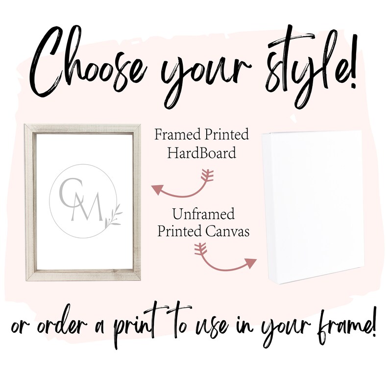 May include: Choose your style! Framed printed hardboard or unframed printed canvas with the initials "CM" in a circle.  Or order a print to use in your frame!