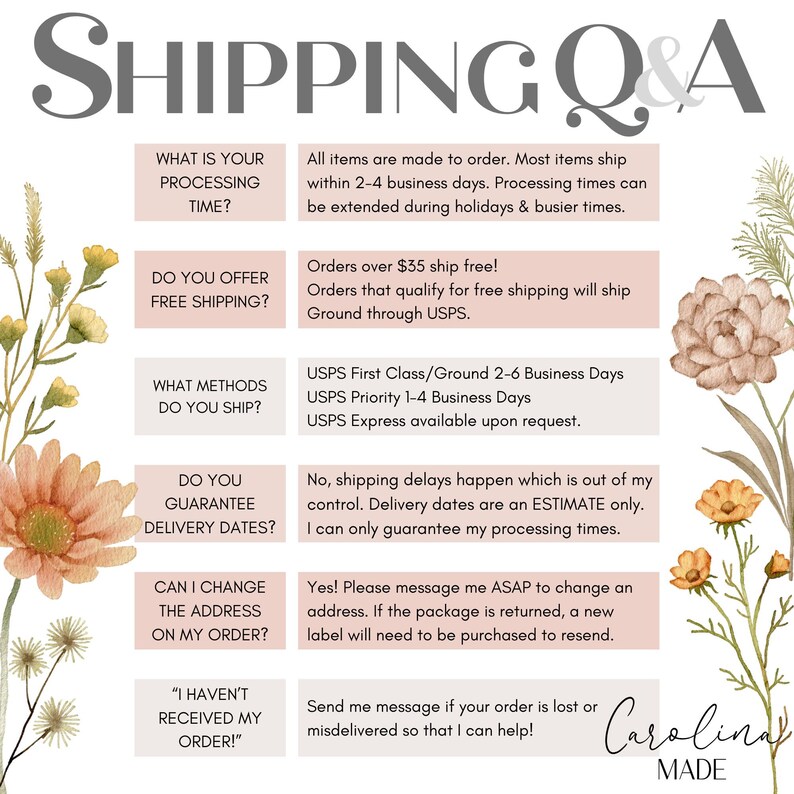 May include: A pink and white floral graphic with text that reads "SHIPPING Q&A". The text answers common questions about shipping, processing time, free shipping, shipping methods, delivery dates, changing addresses, and lost or misdelivered orders. The text also includes the brand name "Carolina MADE".