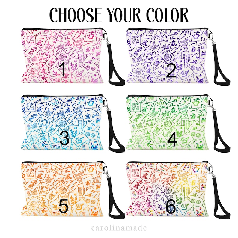 Puede incluir: Seis bolsas de cosm&eacute;ticos coloridas con fondo blanco y un patr&oacute;n de fichas de mahjong. Las bolsas est&aacute;n numeradas del 1 al 6. Elige tu color.