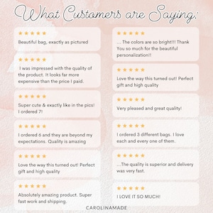 May include: A collage of customer reviews for a handmade product. The reviews are all positive and highlight the quality, craftsmanship, and customer service of the product. The reviews include phrases like "beautiful bag", "super cute", "amazing quality", and "love it so much!"