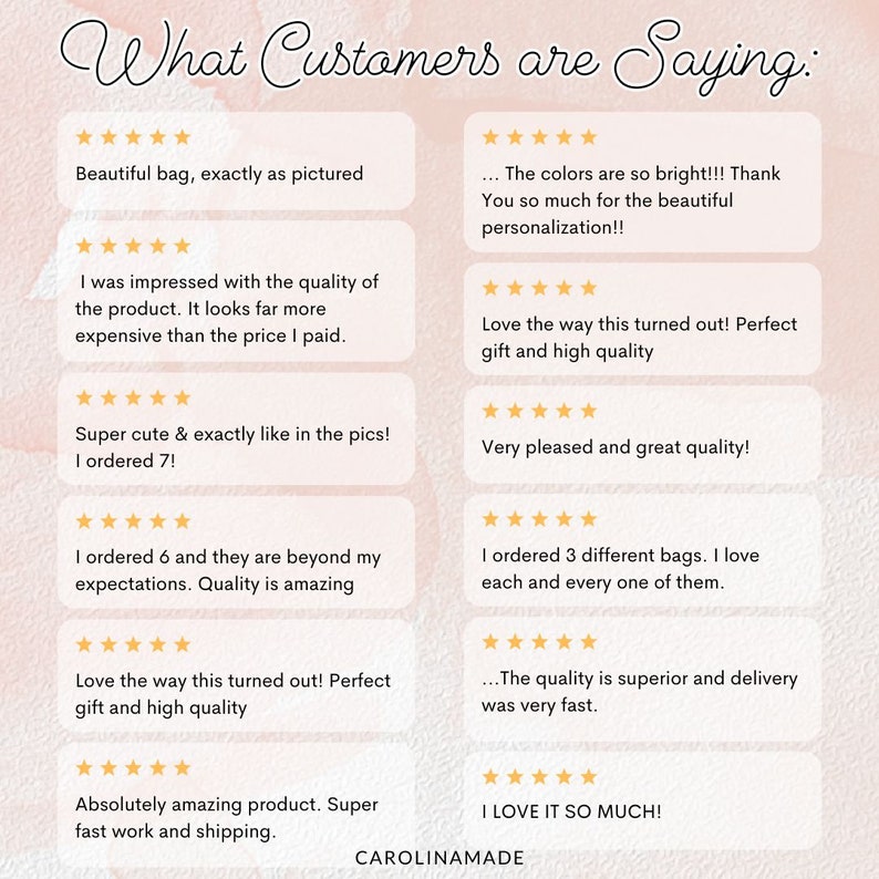 May include: A collage of customer reviews for a handmade product. The reviews are all positive and highlight the quality, craftsmanship, and customer service of the product. The reviews include phrases like "beautiful bag", "super cute", "amazing quality", and "love it so much!"