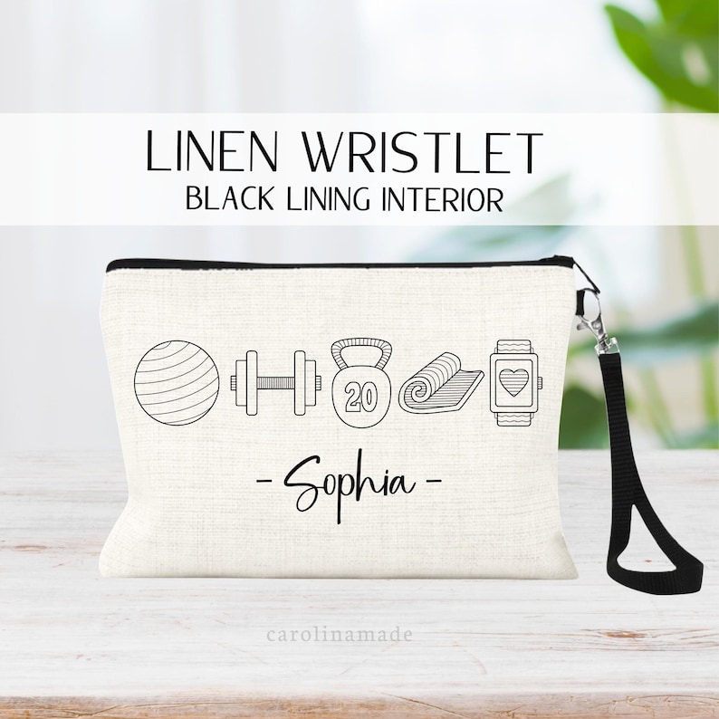 This linen zipper pouch gym bag features minimalist line art of exercise ball, barbell, kettle bell, yoga mat, and heart rate watch. The bottom is personalized with your name!