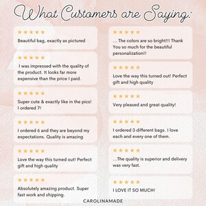 May include: A collage of customer reviews for a handmade product. The reviews are all positive and highlight the quality, craftsmanship, and customer service of the product. The reviews include phrases like "beautiful bag", "exactly as pictured", "super cute", "beyond my expectations", "amazing quality", "perfect gift", "high quality", "superior quality", "fast work and shipping", and "I love it so much!"