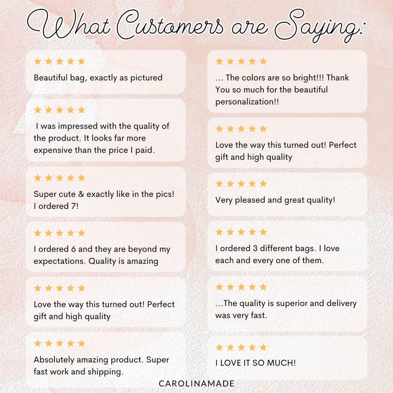 May include: A collage of customer reviews for a handmade product. The reviews are all positive and highlight the quality, craftsmanship, and customer service of the product. The reviews include phrases like "beautiful bag", "exactly as pictured", "super cute", "beyond my expectations", "amazing quality", "perfect gift", "high quality", "superior quality", "fast work and shipping", and "I love it so much!"