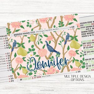May include: A floral design with pink flowers, pears, and blue birds. The name "Jennifer" is written in a cursive font. The words "Multiple Design Options" are visible. The background is a light pink color.