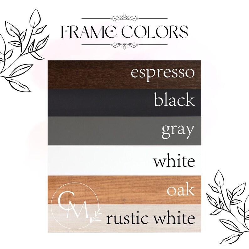 Puede incluir: Una tabla que muestra diferentes colores de marco para un marco de imagen. Los colores son espresso, negro, gris, blanco, roble y blanco r&uacute;stico.