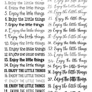 May include: A black and white image showcasing 41 different font styles for the phrase "Enjoy the little things." The text is displayed in various sizes and weights, with options to pick one or combine two fonts. The image includes the text "Choose your font" and "carolina made."