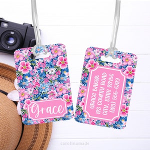 Floral Luggage Tag, Personalized Preppy Flower Bag Tag, Beach Trip Travel Accessories, Girls Custom Monogram Luggage Tag, Traveler Gift