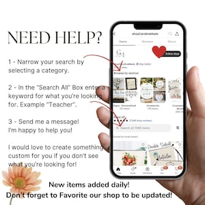 May include: A screenshot of an Etsy shop's mobile app, showing a variety of handmade items for sale. The shop is called "shopCarolinaMade" and has over 1000 items listed. The app features a search bar, a "Shop All" button, and a "Browse by Section" option. The shop's logo is a stylized "G4" with a heart icon. The image also includes a text overlay with tips for navigating the shop and finding items.