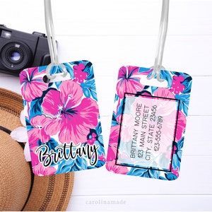 Hibiscus Preppy Bag Tag, Personalized Luggage Tag, Floral Travel Accessories, Custom Monogram Luggage Tag, Traveler Gift, Luggage ID Tag