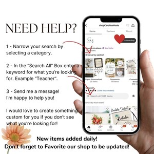 Puede incluir: Una captura de pantalla de la aplicaci&oacute;n m&oacute;vil de una tienda de Etsy, que muestra una variedad de art&iacute;culos hechos a mano a la venta. La tienda se llama "shopCarolinaMade" y tiene m&aacute;s de 1000 art&iacute;culos en la lista. La aplicaci&oacute;n cuenta con una barra de b&uacute;squeda, un bot&oacute;n "Comprar todo" y una opci&oacute;n "Explorar por secci&oacute;n". La tienda ofrece letreros personalizados, adornos y pulseras cosm&eacute;ticas.