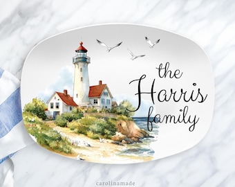 Lighthouse Serving Platter, Personalized Coastal Light House Plate, Seafood Tray, Custom Gift for Mom, Beach Decor, Family Name Gift Ideas
