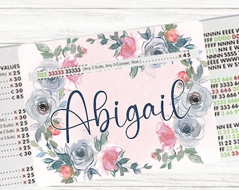 May include: A floral design card with the name "Abigail" in elegant script. The card features a pink background with a wreath of watercolor-style roses in shades of pink and gray. Additional text and numbers are visible.