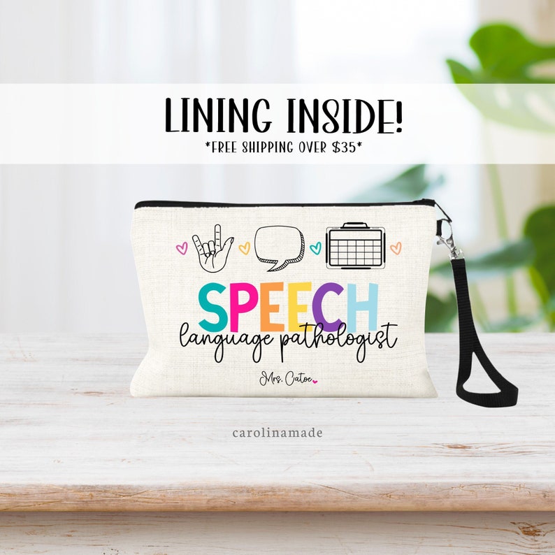 This linen zipper pouch is the perfect appreciation gift for your speech therapist! With line art symbols for hearing, speaking, brain function, this design is the perfect gift for any speech language pathologist! Personalize with their name.