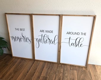 The best memories are made gathered around the table Sign Set, Set of 3, Farmhouse Kitchen Framed Canvas Signs, Kitchen Quotes, Dining Room