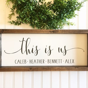 This is us Sign Family Names Personalized, Farmhouse Wood Framed Canvas Wall Decor, Housewarming, Wedding, New Home Gift