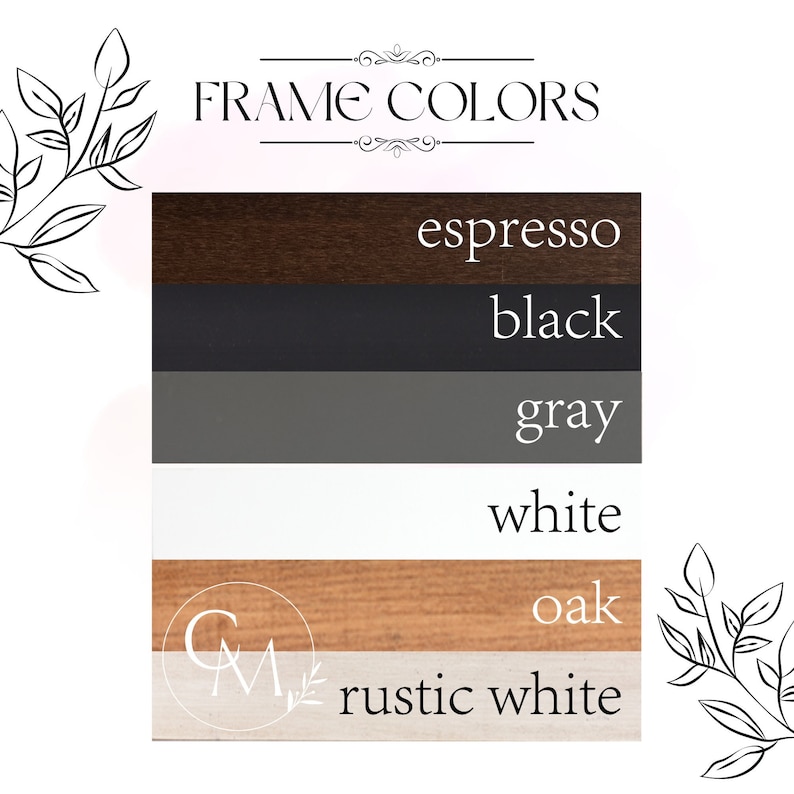 May include: A chart showing different frame colors for a picture frame. The colors are espresso, black, gray, white, oak, and rustic white.