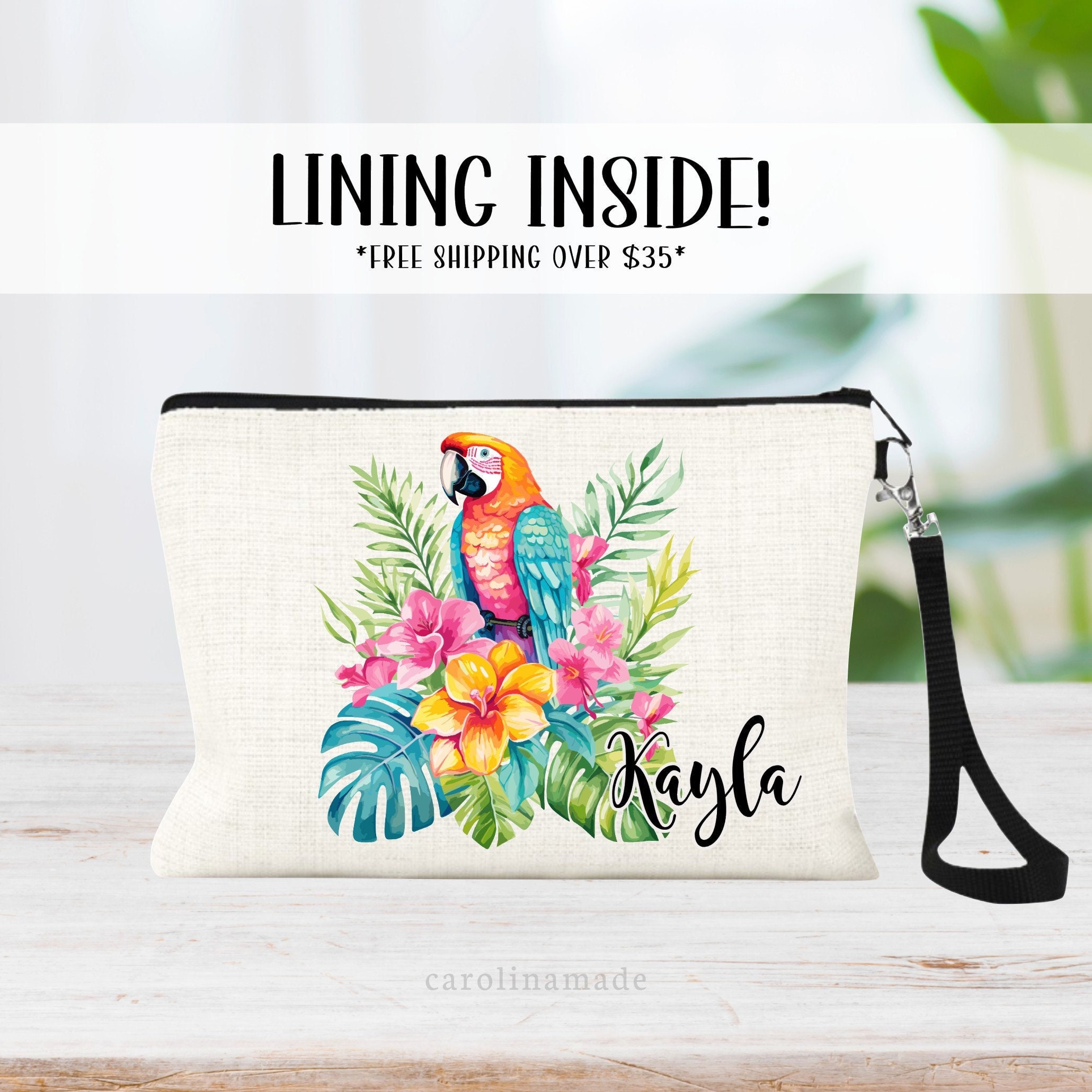 Preppy Parrot Makeup Bag, Personalized Parrot Gift, Palm Leaf Parrot Zipper Pouch, Tropical Beach Trip Gift Ideas, Trendy Girls Parrot Bag