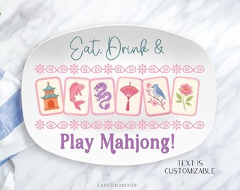 Mahjong Party Platter, Personalized Pink & Puprle Mahj Plate, Gift for Her, Mahjong Birthday Gift, Mahjong Tile Gift Idea, Girls Mahj Party