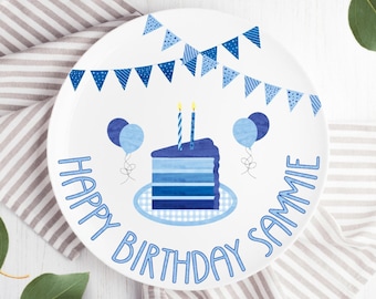Boys Blue Birthday Plate, Personalized Name Plate, Custom Happy Birthday Plate, Boys First Birthday Keepsake, Boys Milestone Cake Plate