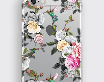 Hummingbird Floral iPhone X Case Samsung S9 Cover, iPhone SE Case Clear Phone Case Rose Flower iPhone 8 Plus Case Transparent Samsung Case