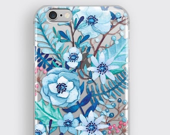 Blue Floral Flowers iPhone Clear Case, Samsung Galaxy S9 Plus Floral Transparent Case iPhone 14 Plus Cover