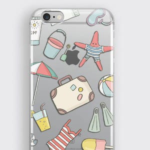 May include: A clear phone case with a summer beach theme. The case features a variety of colorful illustrations including a starfish, a beach umbrella, a bucket and shovel, a suitcase, a pair of flippers, a popsicle, a glass of juice, and a bottle of sunscreen.