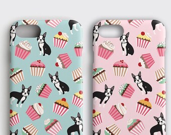 Funda rosa para iPhone XS con diseño de Boston Terrier, regalo adorable de Cupcake Terrier, funda azul para Samsung Galaxy S8, funda divertida para iPhone 6S+