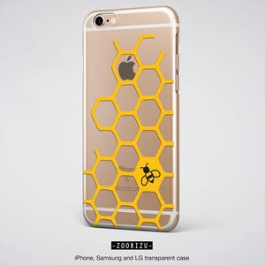 May include: A clear phone case with a yellow honeycomb pattern and a small black bee illustration. The case is designed for iPhone, Samsung, and LG phones. The text "ZOO BIZU" is printed on the bottom of the case.