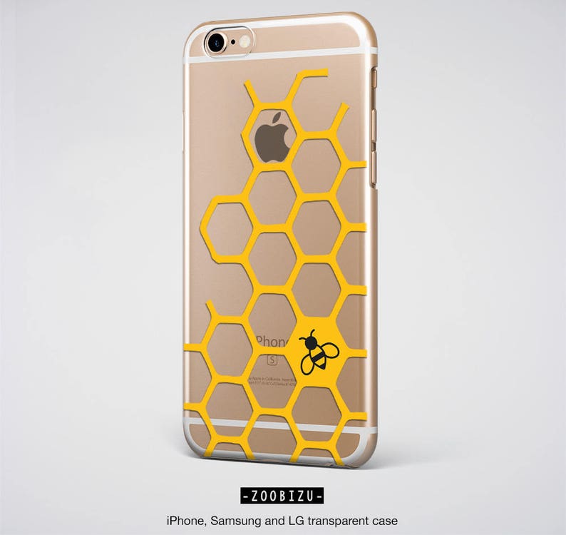 May include: A clear phone case with a yellow honeycomb pattern and a small black bee illustration. The case is designed for iPhone, Samsung, and LG phones. The text "ZOO BIZU" is printed on the bottom of the case.