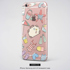 May include: A pink iPhone case with a summer theme. The case features a variety of illustrations, including a suitcase, a starfish, a beach umbrella, a popsicle, and a pair of flippers.