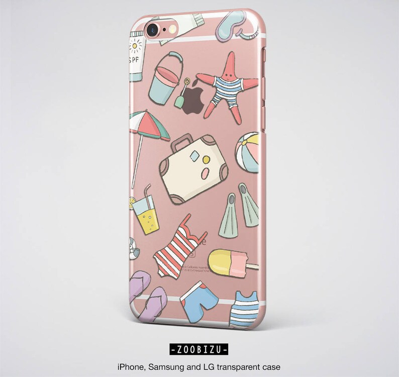 May include: A pink iPhone case with a summer theme. The case features a variety of illustrations, including a suitcase, a starfish, a beach umbrella, a popsicle, and a pair of flippers.
