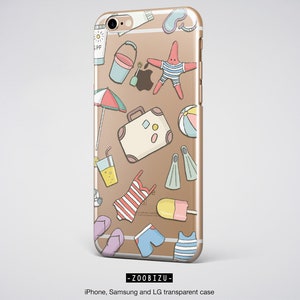 May include: A clear phone case with a colorful pattern of summer vacation items, including a suitcase, a starfish, a beach ball, a bucket, a popsicle, and a pair of flippers. The text "ZOO BIZU" is printed on the bottom of the case.