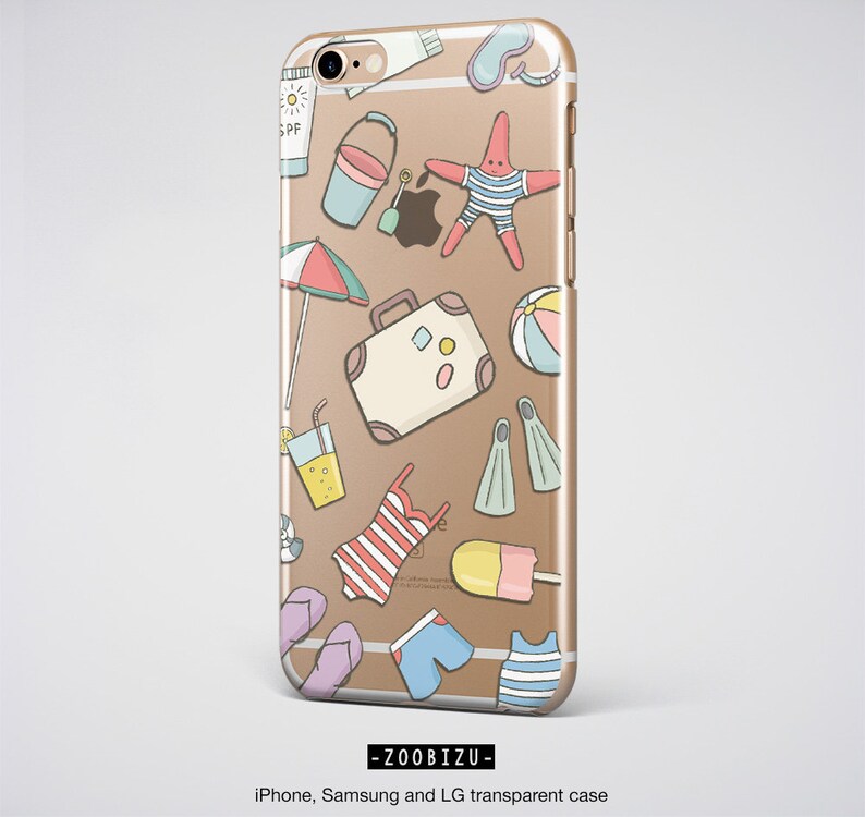 May include: A clear phone case with a colorful pattern of summer vacation items, including a suitcase, a starfish, a beach ball, a bucket, a popsicle, and a pair of flippers. The text "ZOO BIZU" is printed on the bottom of the case.