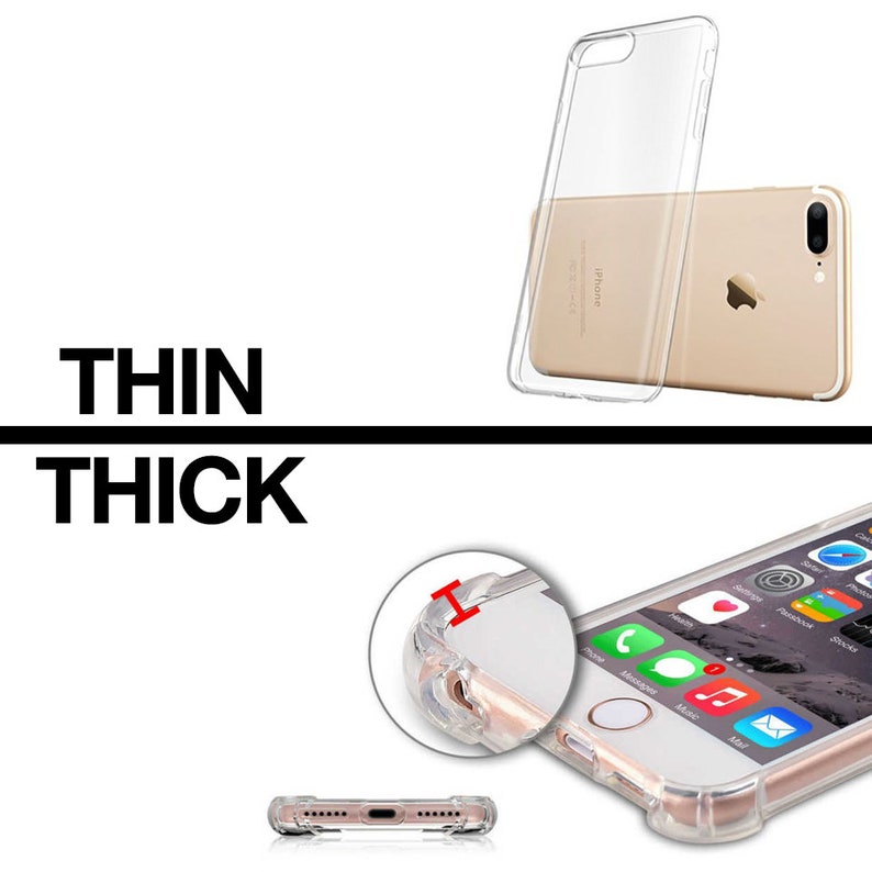 May include: Two clear phone cases for an iPhone. The top case is thin and the bottom case is thick with raised edges for extra protection. The text "THIN" and "THICK" is printed on the image.