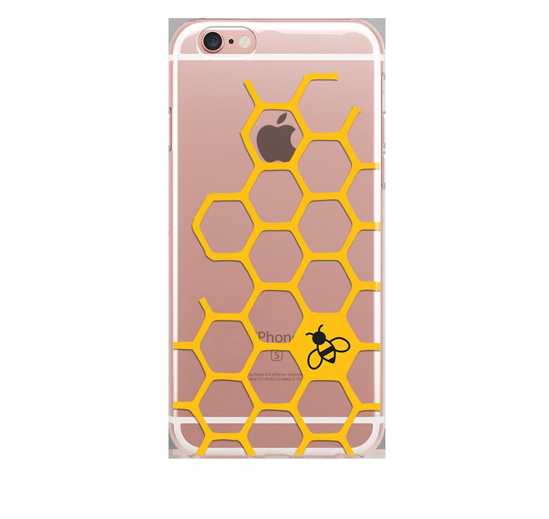 May include: A clear phone case with a honeycomb pattern in yellow and a black bee illustration. The case is designed for an iPhone.