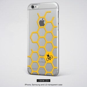 May include: A clear phone case with a yellow honeycomb pattern and a black bee silhouette. The case is designed for iPhone, Samsung, and LG phones. The text "_ZOOBIZU_" is printed on the bottom of the case.