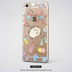 May include: A clear phone case with a brown background and colorful illustrations of summer vacation items, including a suitcase, a starfish, a beach ball, a swimsuit, and a popsicle.