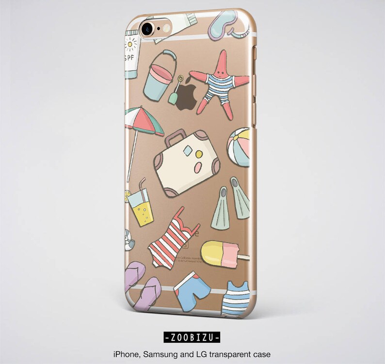 May include: A clear phone case with a brown background and colorful illustrations of summer vacation items, including a suitcase, a starfish, a beach ball, a swimsuit, and a popsicle.