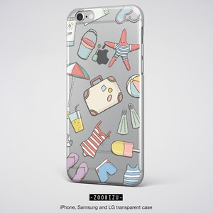 May include: A clear phone case with a colorful summer-themed design. The design includes a suitcase, a starfish, a beach ball, a popsicle, a swimsuit, and other beach-related items.